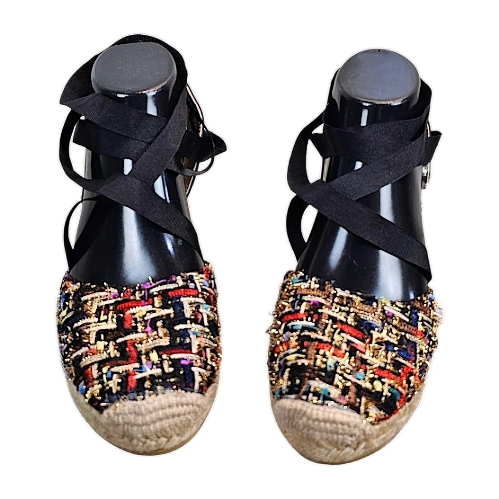 NEW! L.K. Bennett Tianna Black Tweed Espadrille Wedges Sz 37 7 Ankle Tie Preppy